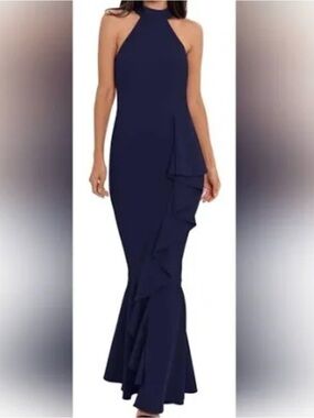 Betsy & Adam Navy Halter Ruffle Mermaid Gown